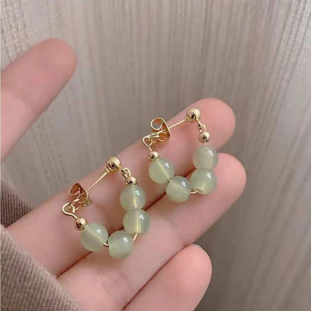 Green Jade Beaded Gold Earrings - Picture 6 of 7